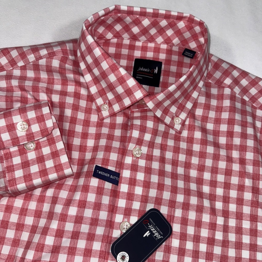 Johnnie-O Performance Archie Shirt Mens S Red White Gingham Button Nylon LS NWT
